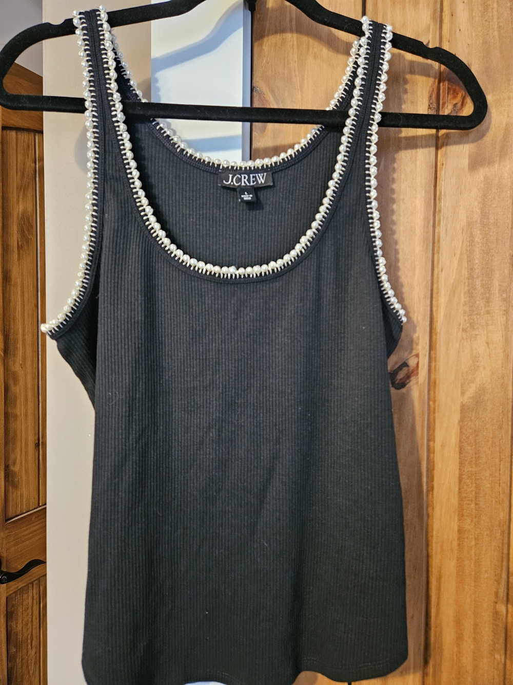 J. Crew Black Ribbed Tank with Pearl Trim